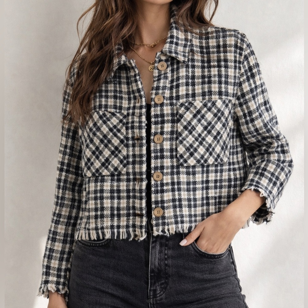 Zara Blue Gold Tweed Knit Crop Shirt Jacket Medium